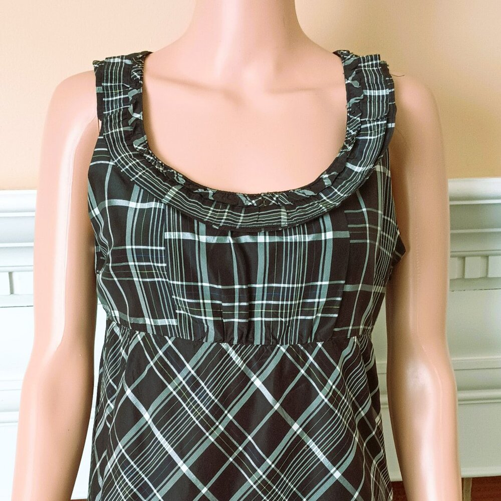 Fossil 100% Silk Plaid Dress Black Sleeveless Empire Waist Ruffle Neckline